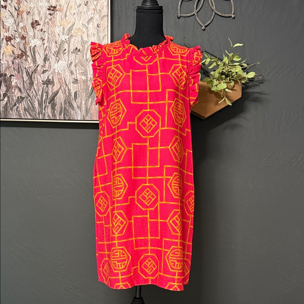 Chic Geometric Pink and Orange Midi Dress